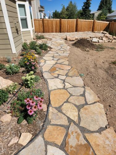 Stone pathway with floral landscaping in Fort Collins