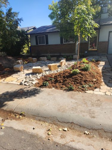 Front yard xeriscape design with large sitting stones and mulch bed