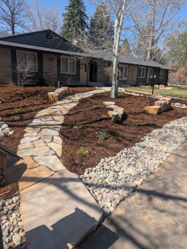 Fort Collins xeriscape design with mulch and stone pathway